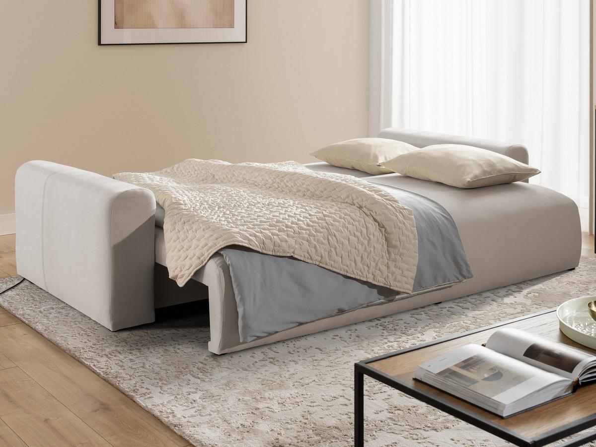 SCHLAFSOFA Calma mit Bettkasten im Bumpy-Design aus weichem Beige Webstoff - Beige/Schwarz, Holz/Kunststoff (239/88/98cm) - S-Style