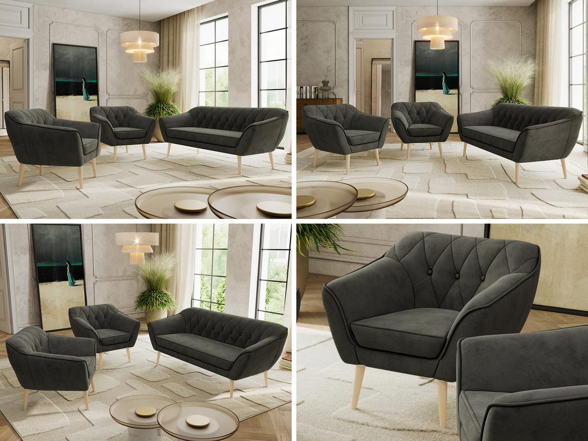 SITZGARNITUR PIRS 3+1+1 - Dunkelgrau Velvet - Holzbeine - Dunkelgrau/Buchefarben, Holzwerkstoff/Textil (180/75/74cm) - MKS