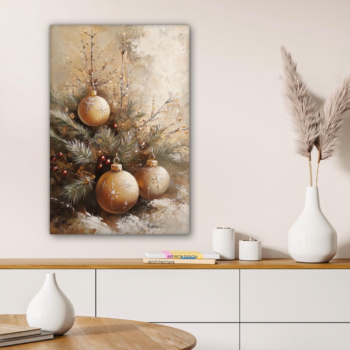LEINWANDBILD Weihnachten - Kugeln - Beige - Gold Wanddeko Schlafzimmer 60x90 cm - Goldfarben, Textil (60/90cm) - MuchoWow