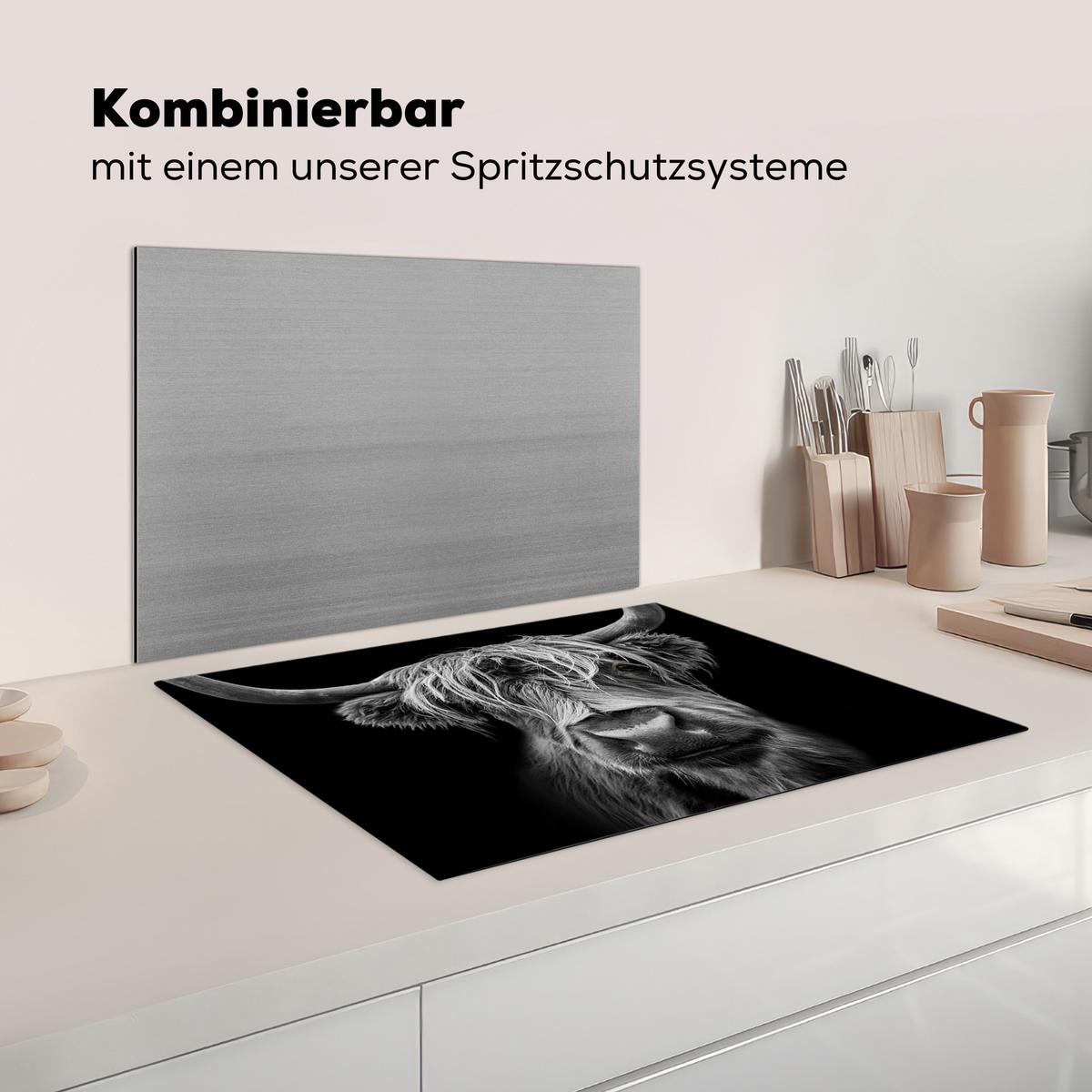HERDABDECKPLATTE Schottischer Highlander - Hörner - Schwarz - Weiß - Kuh - Wild - Tiere Herdabdeckung Induktionsfeld 70x52 cm - Schwarz, Kunststoff (70/52/0.2cm) - MuchoWow
