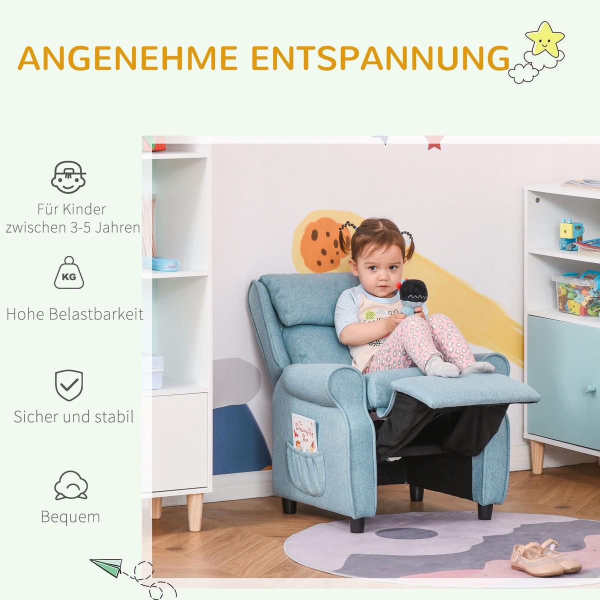 KINDERSESSEL Kindersofa Kindercouch Liegesofa verstellbar mit Fußstütze Blau - Blau, Holz (53/70/58cm) - HOMCOM