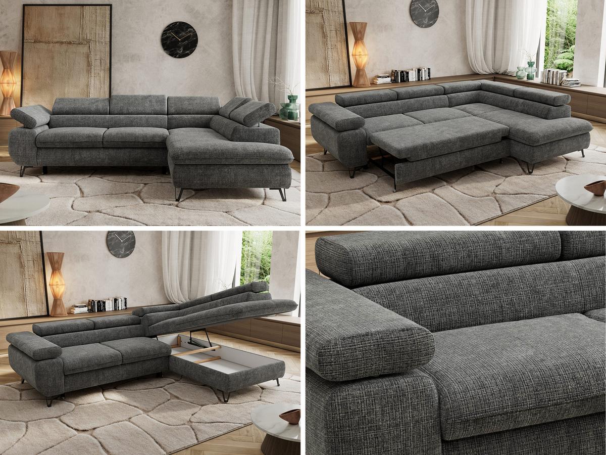 ECKSOFA PABLO L Grau Schenille grob gewebt - Rechts Seite - Schwarz/Grau, Textil/Metall (273/208cm) - MKS