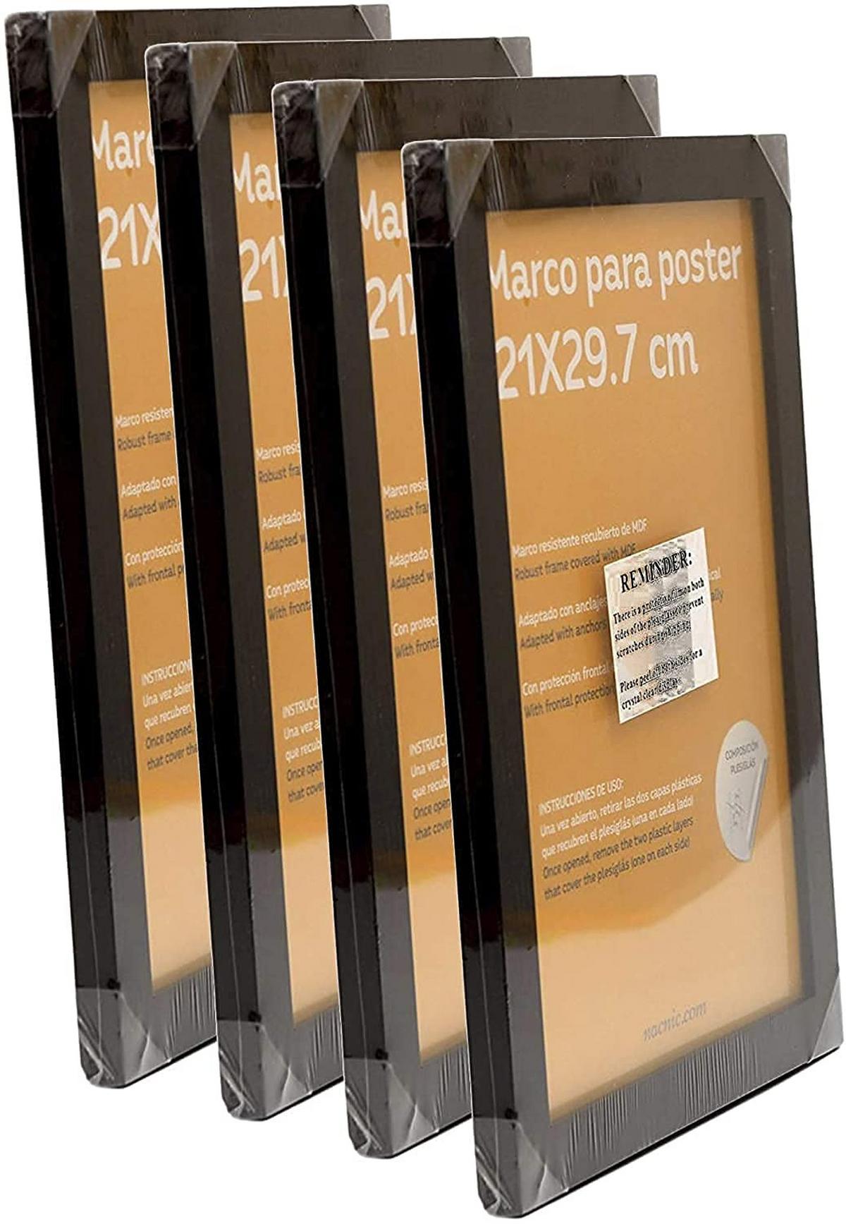 RAHMEN Set mit 4 aus MDF und Acrylglas Schutz und Aussteller für Fotografien, Bilder, Poster, Gemälde, Dekoration für Haus Farbe Schwarz A4 - Schwarz, Holz (21/3cm) - Nacnic