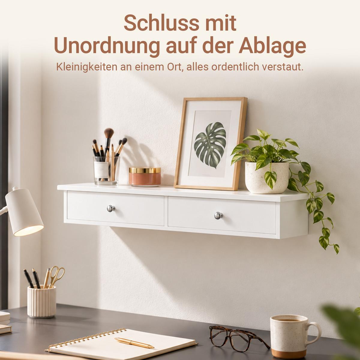 WANDREGAL Weiß mit 2 Schubladen, 64 x 10 x 15 cm, Ablage bis 10 kg, für Flur, Bad und Wohnzimmer - Weiß, Holzwerkstoff (64/10/15cm) - SoBuy