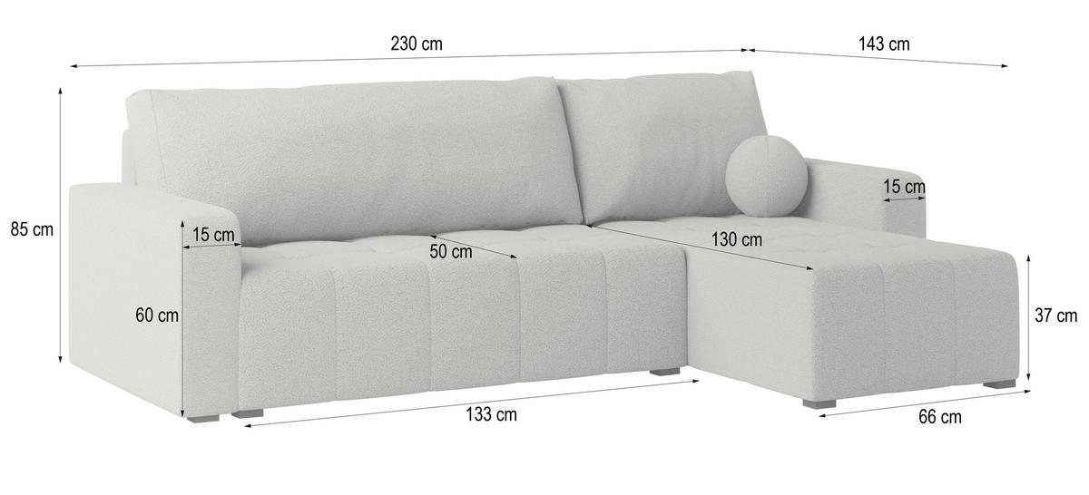 ECKSOFA VOLIRA Grau Boucle-Stoff mit Schlaffunktion - Grau, Holz (230/143cm) - MASSENO