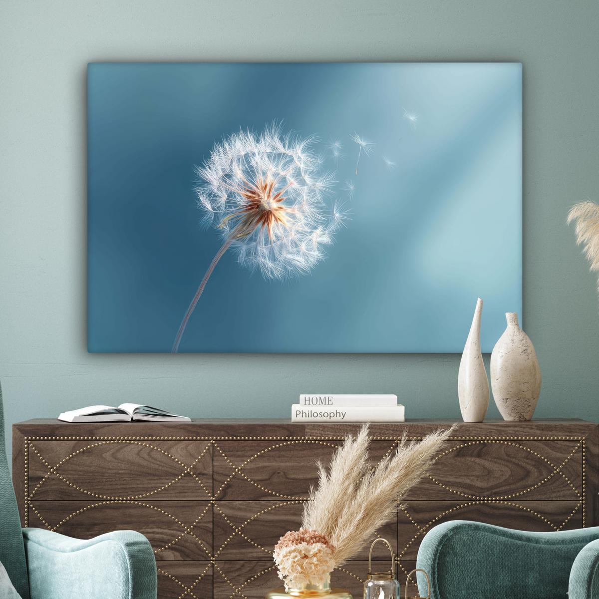 LEINWANDBILD Löwenzahn - Wind - Blau XXL 150x100 cm - Blaugrau, Textil (150/100cm) - MuchoWow