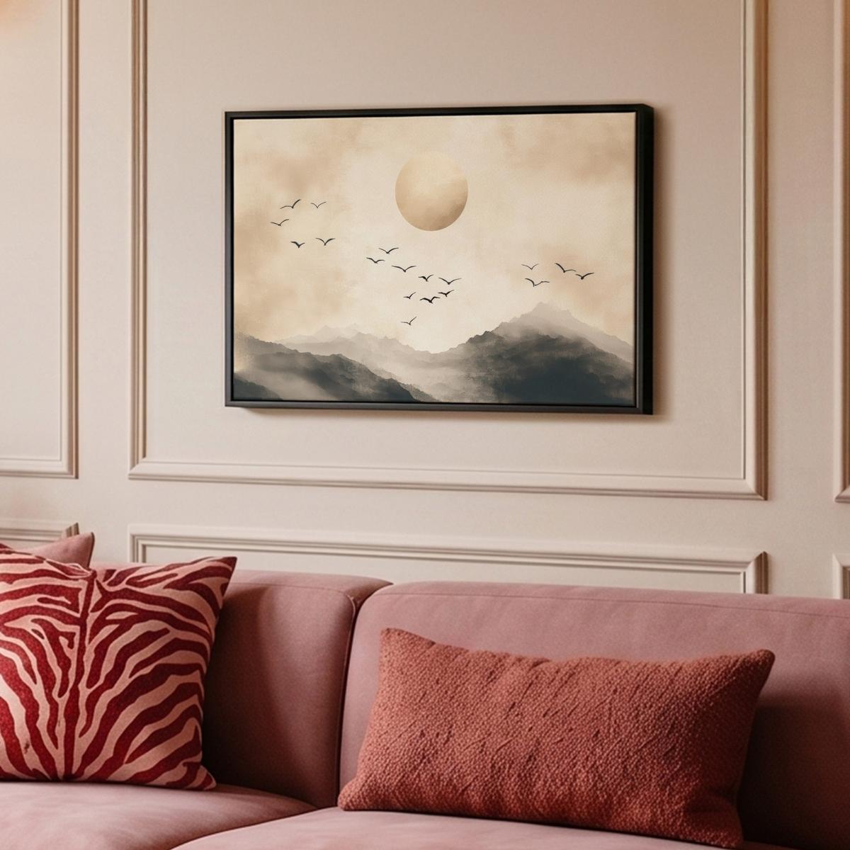 LEINWAND Bilder mit Rahmen - Landschaft - Japandi - Vogel - 60x40 - Beige, Textil (60/40cm) - MuchoWow
