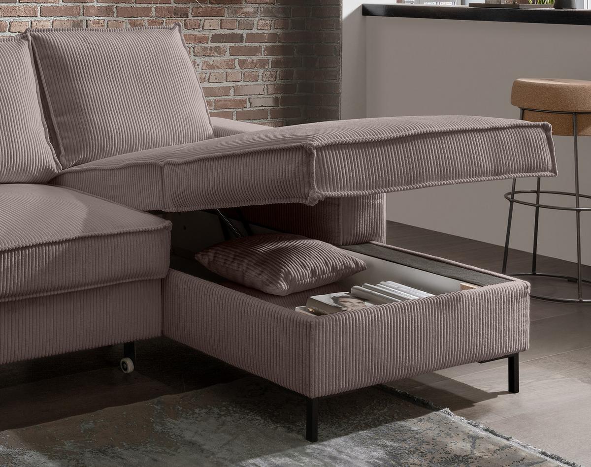 ECKSOFA mit Schlaffunktion, Bettkasten, Wellenunterfederung, Récamiere rechts B240/T150/H92 cm, Liegefl. 125x198 cm, Cord Braun Taupe / 17222 - Schwarz/Braun, Textil/Metall (240/150cm) - luma-home
