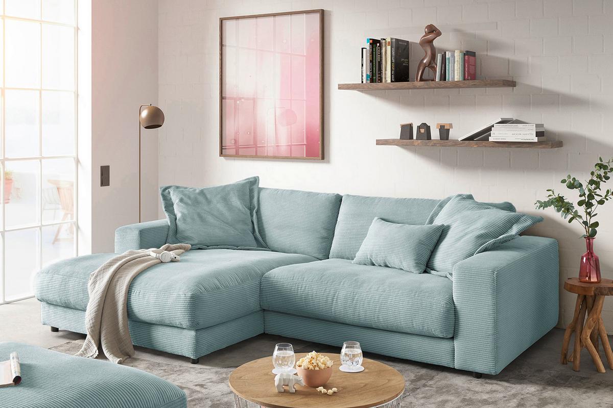 ECKSOFA MADELINE Hellblau Cord - Schwarz/Hellblau, Kunststoff/Textil (270/190cm) - KAWOLA