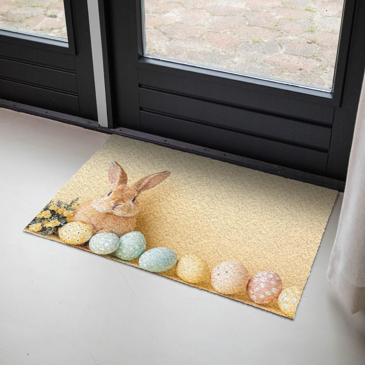 FUSSMATTE Eier - Kaninchen - Pastellfarbtöne Schmutzmatte 90x60 cm - Hellgelb, Kunststoff (60/90cm) - MuchoWow