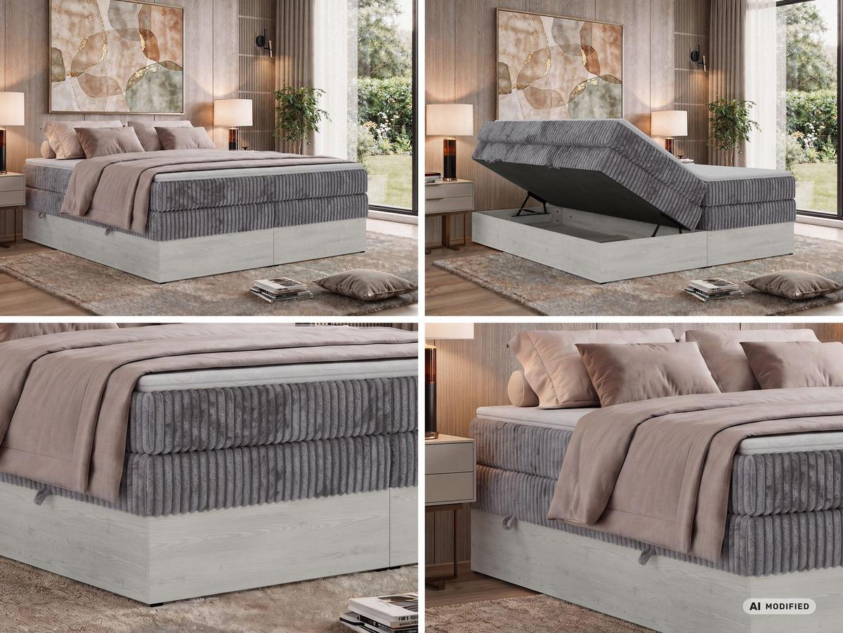 BOXSPRINGBETT NORDIC ZERO KING 180/200 - Grau Cord - Topper Visco - H3 - Schwarz/Grau, Kunststoff/Textil (180/200cm) - MKS