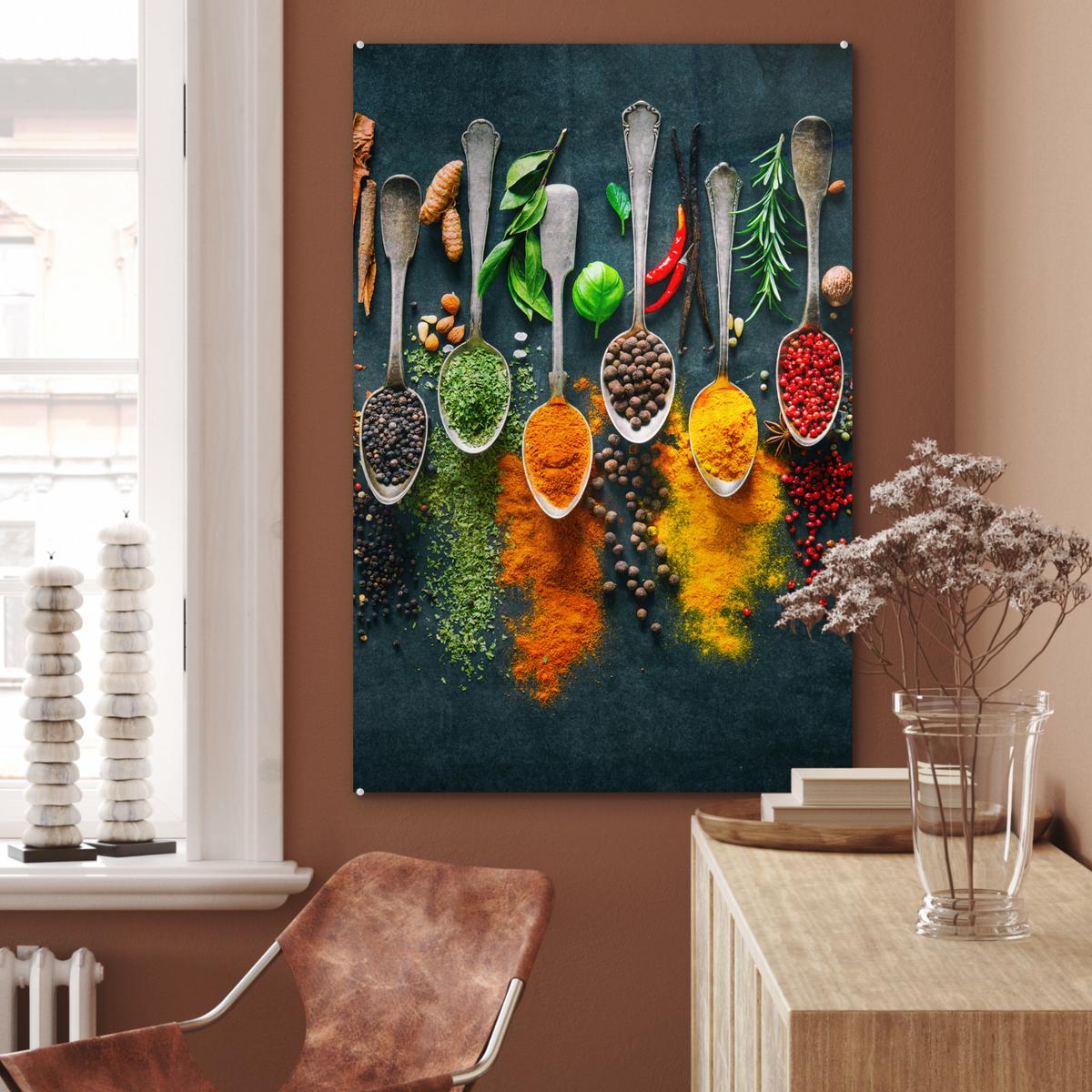 ACRYLGLASBILD Kräuter - Gewürze - Löffel 80x120 cm - Currygelb, Glas (80/120cm) - MuchoWow