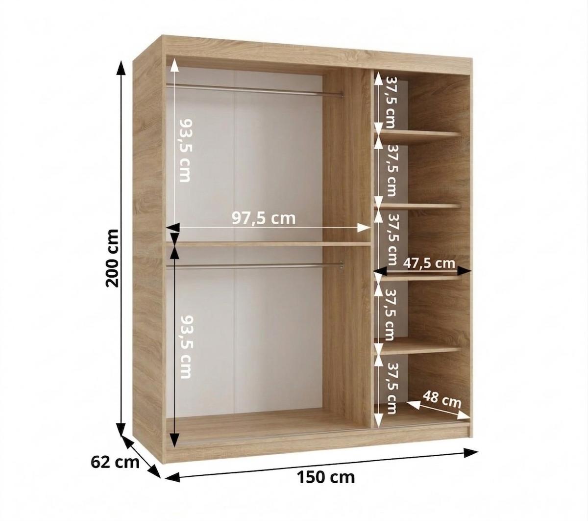 SCHIEBETÜRENSCHRANK mit Spiegel TOKYO 1 200/150/62 2-türig - Silberfarben/Sonoma Eiche, Holz/Kunststoff (150/200/62cm) - MÖBEL KRYSPOL