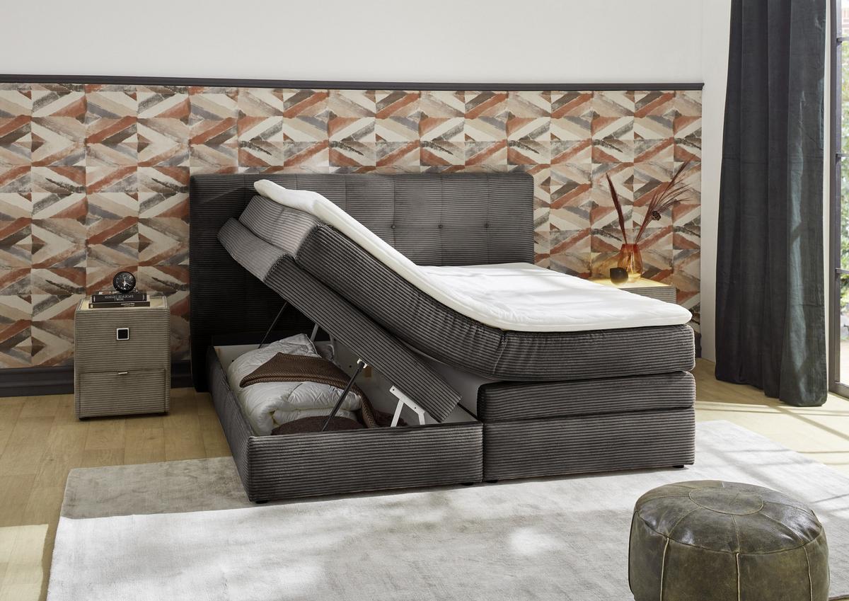 BOXSPRINGBETT 180x200 cm, 7-Zonen-Tonnentaschen-Federkernmatratzen H3, Topper, Bonell-Federkern, 2 Bettkästen, Cord Dunkelgrau / 20038 - Dunkelgrau/Schwarz, Kunststoff/Textil (180/200cm) - luma-home
