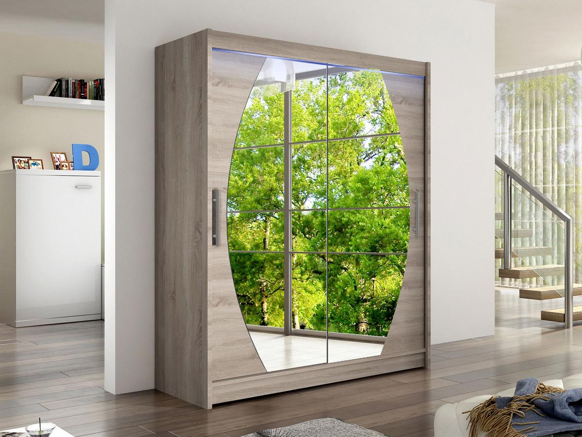 SCHWEBETÜRENSCHRANK Westa VIII, mit RGB LED Beleuchtung - Silberfarben/Trüffeleichefarben, Holzwerkstoff/Metall (150/200/58cm) - MIRJAN24