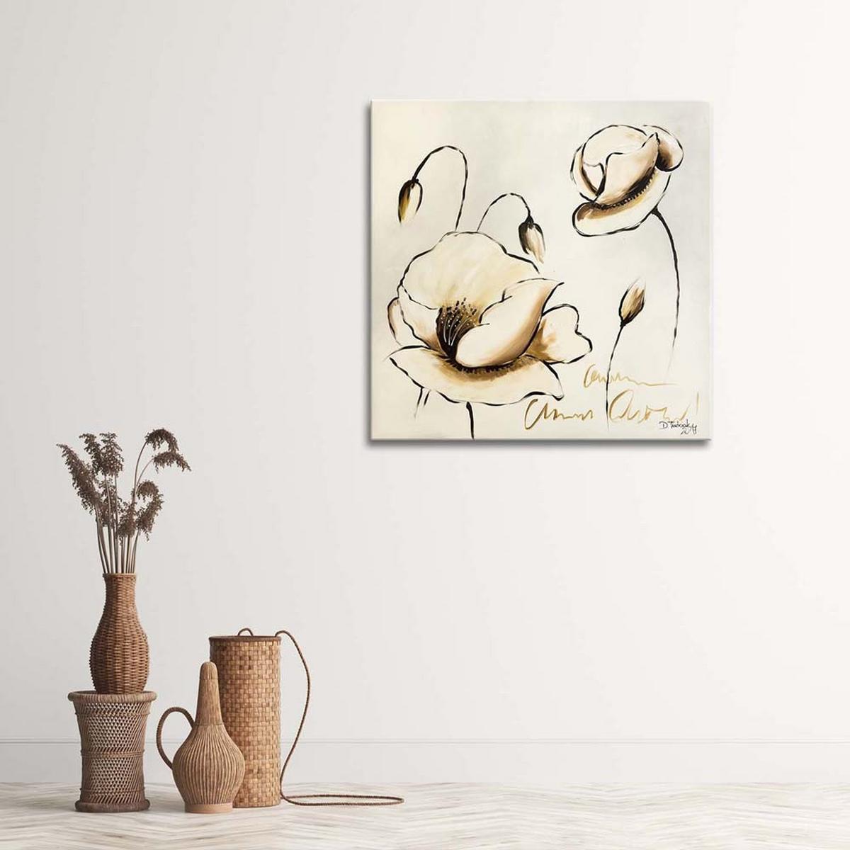 LEINWANDBILD Gemalte Blumen 60x60cm - Beige, Textil (60/60cm) - Feeby