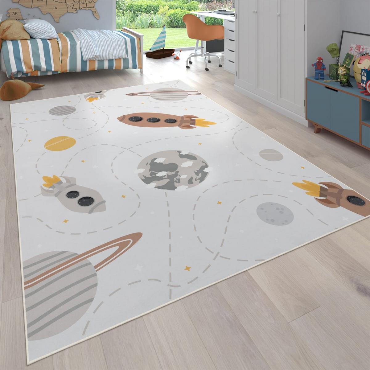 KINDERTEPPICH Waschbar, mit Raketen-Motiv, Creme, 140 x 200 cm - Creme, Textil (200/140cm) - KADIMA DESIGN