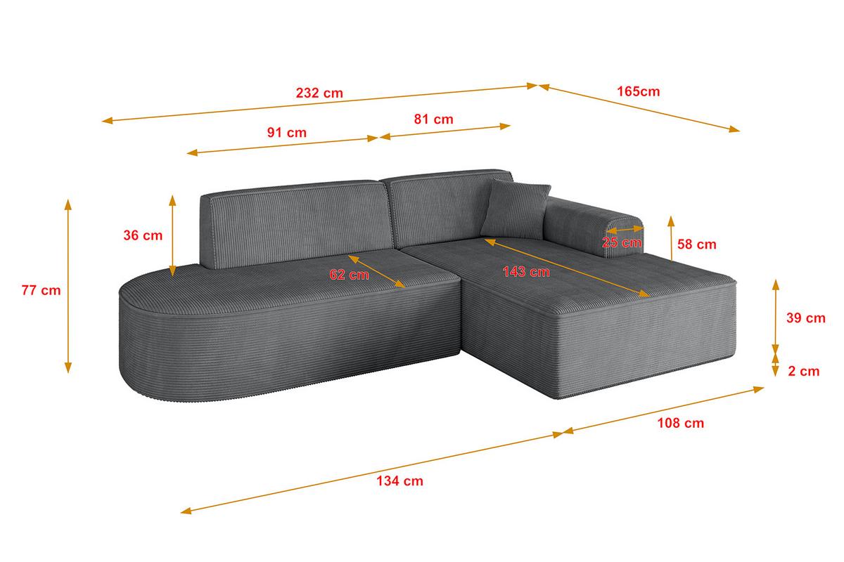 ECKSOFA Ottomane Rechts IREA-L1-v3 - 232x165x77 cm Duneklgrau - Dunkelgrau, Holzwerkstoff/Textil (232/165cm) - ALTDECOR