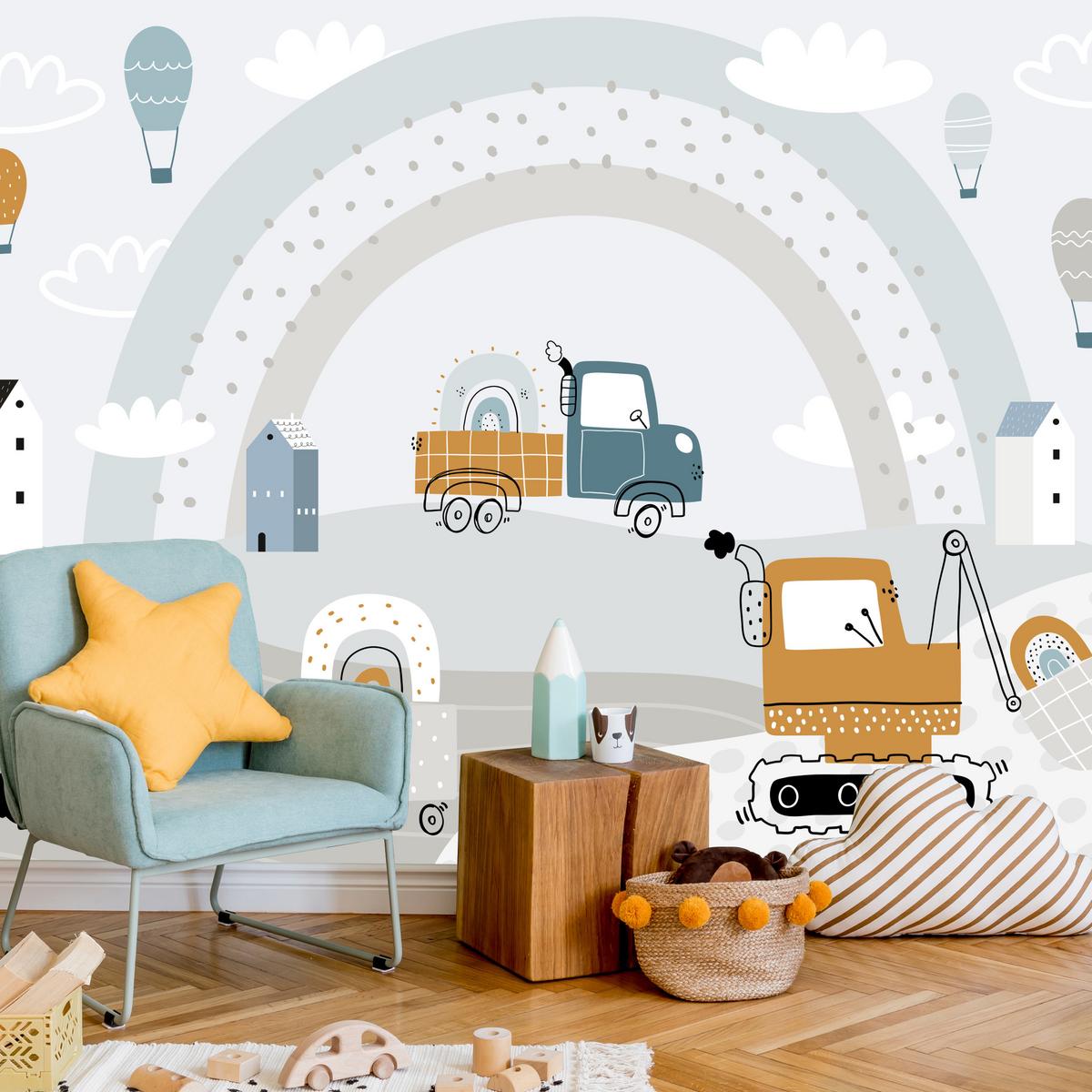 FOTOTAPETE für Kinderzimmer Baumaschinen Regenbogen Hügel Wolken 450x315 - Blau/Beige, Papier (450/315cm) - Muralo
