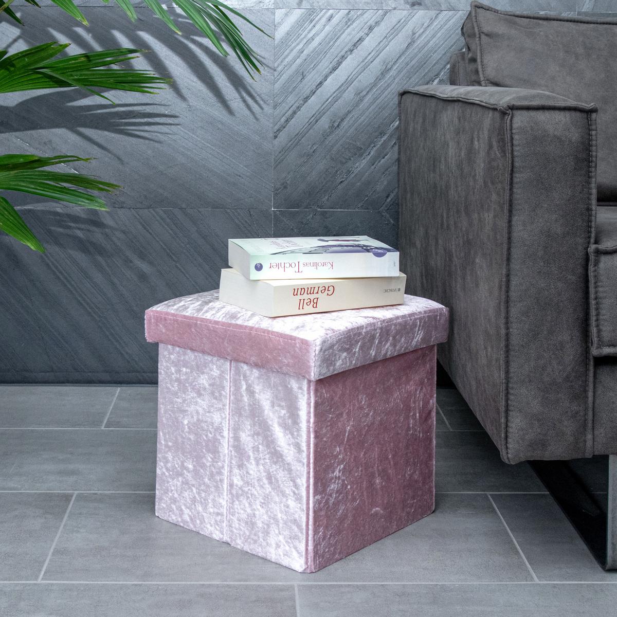 SITZHOCKER Faltbar mit Samtbezug 30/30/30 cm (Rosa) - Rosa, Karton (30/30/30cm) - Intirilife