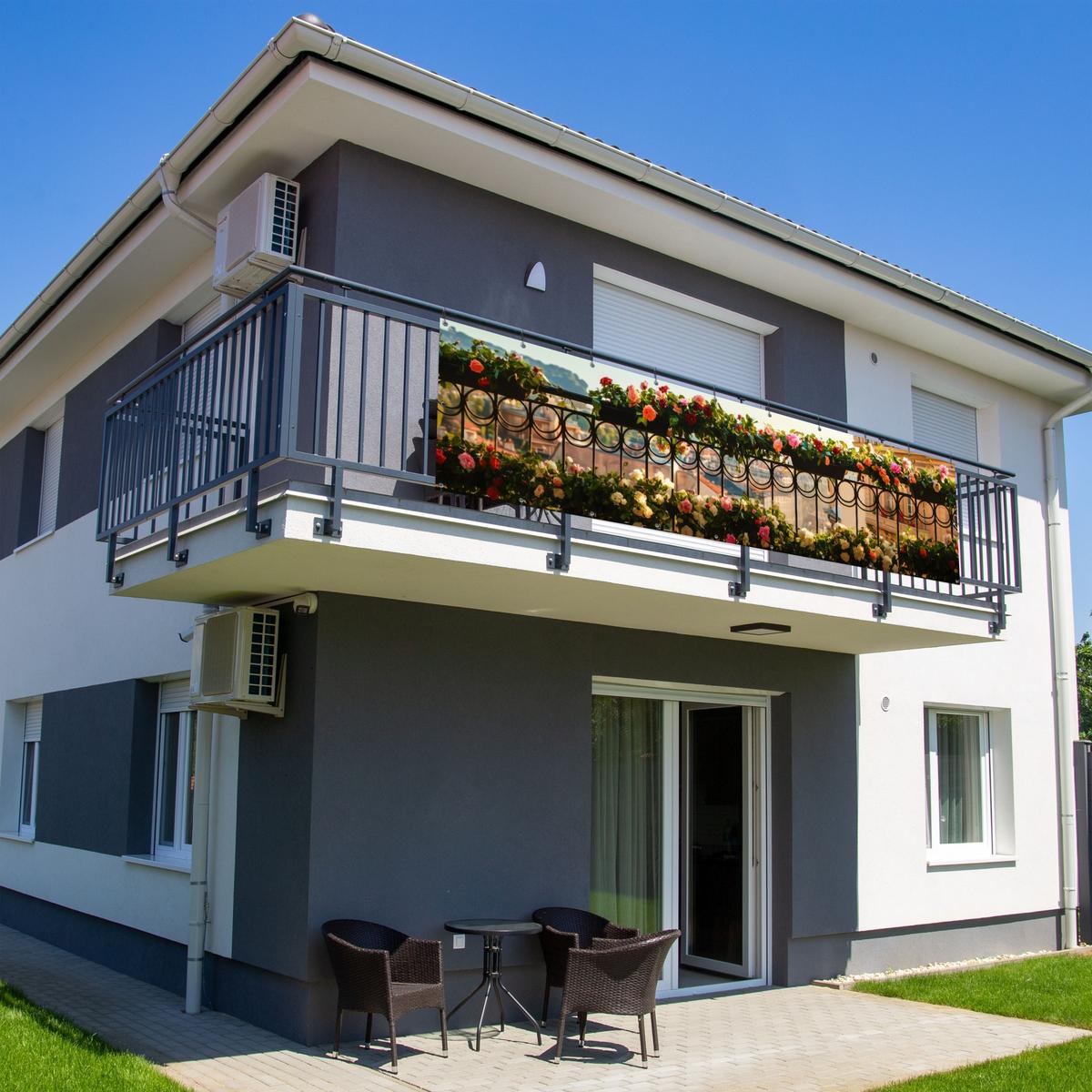 BALKON-SICHTSCHUTZ Blumen - Zaun - Stadtbild - Sommer Witterungsbeständig 300x75 cm - Pink, Kunststoff (300/75cm) - MuchoWow