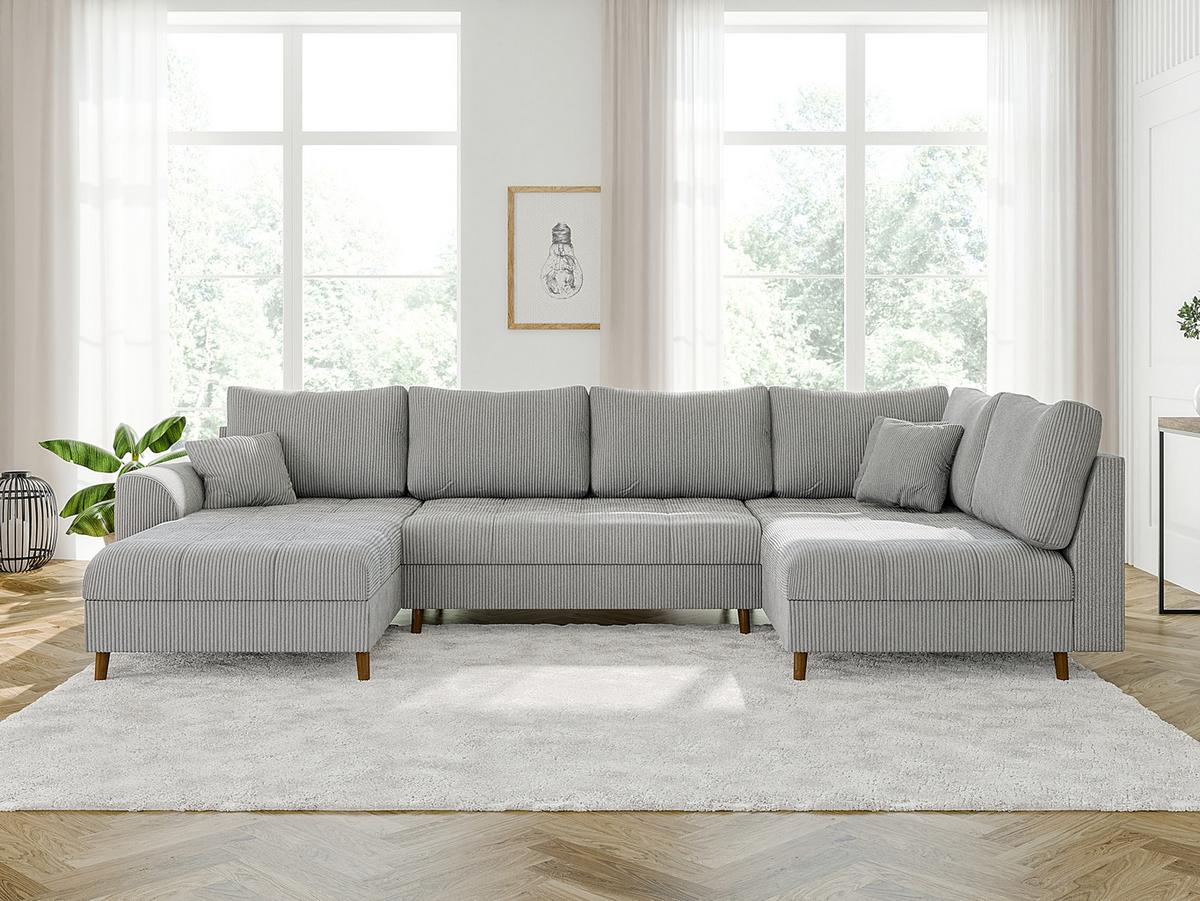 WOHNLANDSCHAFT inkl. Hocker Alma Hellgrau Cord - Hellgrau/Braun, Holz/Textil (310/81/161cm) - S-Style Möbel