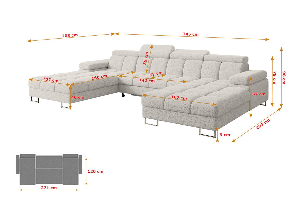 WOHNLANDSCHAFT mit Schlaffunktion und Bettkasten COMA U2 345x203x79 Hellgrau Velours - Hellgrau, Holzwerkstoff/Textil (345/79/203cm) - ALTDECOR