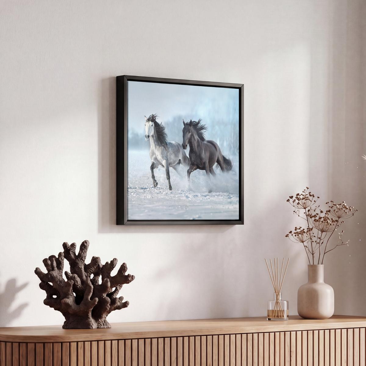 LEINWAND Bilder mit Rahmen - Pferde - Winter - Tiere - Natur - Schnee - 20x20 - Anthrazit, Textil (20/20cm) - MuchoWow