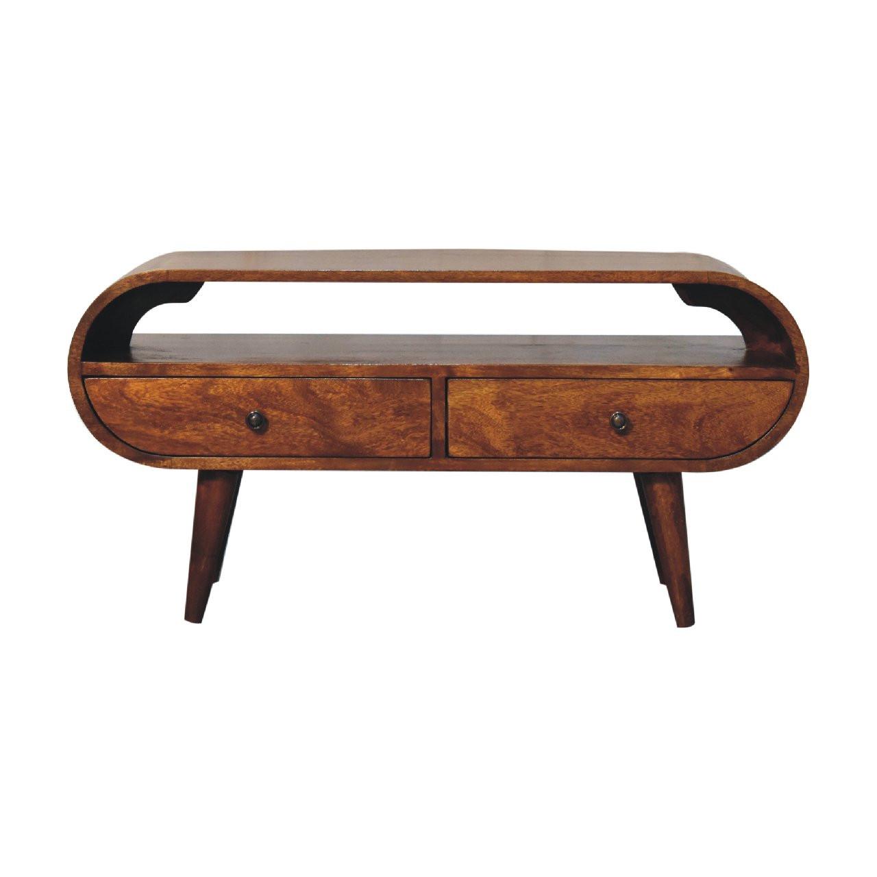 RUNDER TV-Ständer im Kastanienholz-Finish, 2 Schubladen, 1 Offenes Fach, Nordische Beine - Kastanienfarben/Messingfarben, Holz/Metall (90/45/35cm) - Artisan Furniture