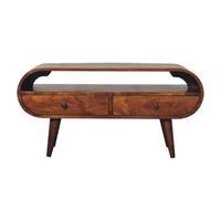 RUNDER TV-Ständer im Kastanienholz-Finish, 2 Schubladen, 1 Offenes Fach, Nordische Beine - Kastanienfarben/Messingfarben, Holz/Metall (90/45/35cm) - Artisan Furniture