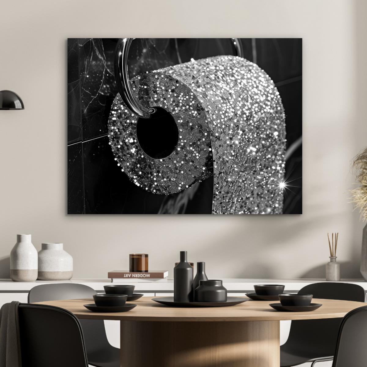 METALLBILD WC - Toilettenpapier - Schwarz und weiß - Glitter 80x60 cm - Silberfarben, Metall (80/60cm) - MuchoWow