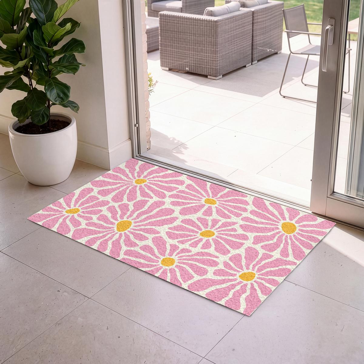 FUSSMATTE Blumen - Muster - Rosa - Beige - Orange Sauberlaufmatte 120x80 cm - Rosa, Kunststoff (120/0.4cm) - MuchoWow