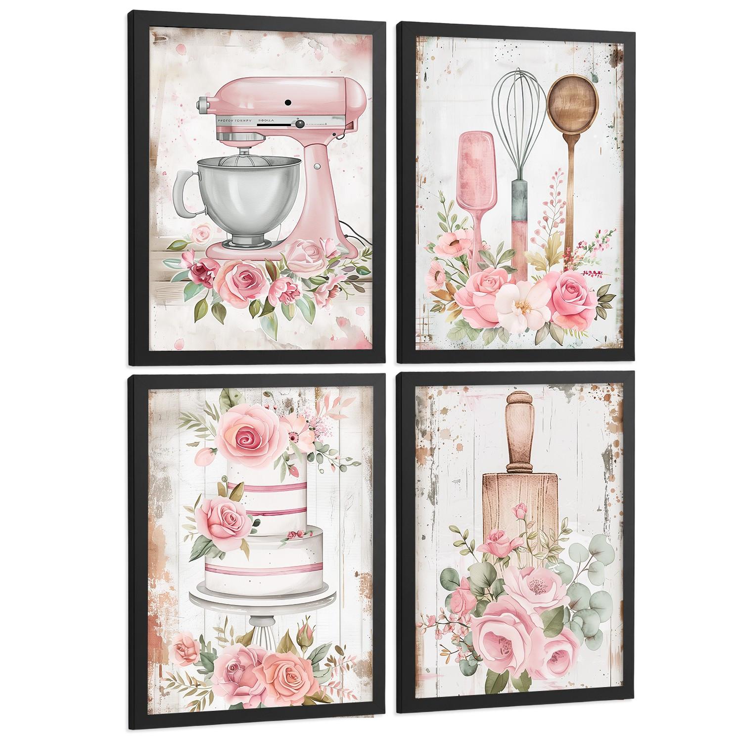 POSTER 4er Set Rosa Backkunst Wandbilder Küchenmaschine Torte Utensilien Blumen Shabby Chic Küche Deko Schwarzer Rahmen A4 - Schwarz, Papier (29.7/1/21cm) - Nacnic