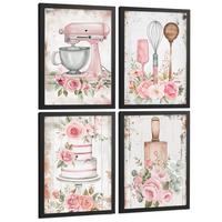 POSTER 4er Set Rosa Backkunst Wandbilder Küchenmaschine Torte Utensilien Blumen Shabby Chic Küche Deko Schwarzer Rahmen A3 - Schwarz, Papier (29.7/1/42cm) - Nacnic