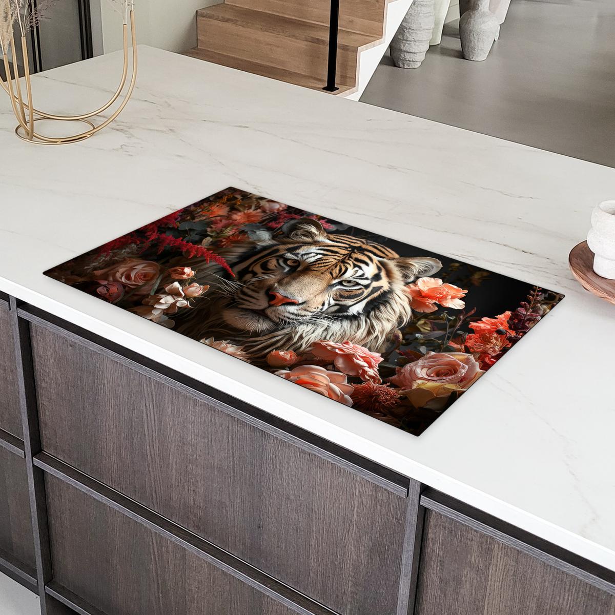 HERDABDECKPLATTE Tiger - Tier - Natur - Floral - Botanisch Induktionsschutz 91.2x52 cm - Orange, Kunststoff (91.2/52/0.2cm) - MuchoWow