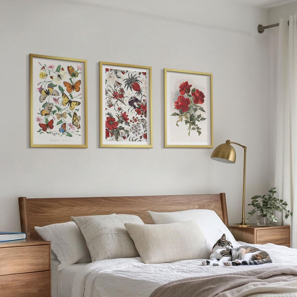 BILDER SET 3er Set - 40x60 cm Goldrahmen - Schmetterlinge, Blumen, rote Rosen - Goldfarben, Kunststoff (40/60cm) - TULUP