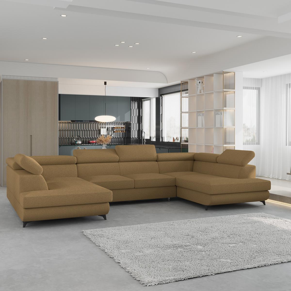 WOHNLANDSCHAFT VINTESSA Orange Boucle-Stoff mit Schlaffunktion - Orange, Holz (323/89/190cm) - MASSENO