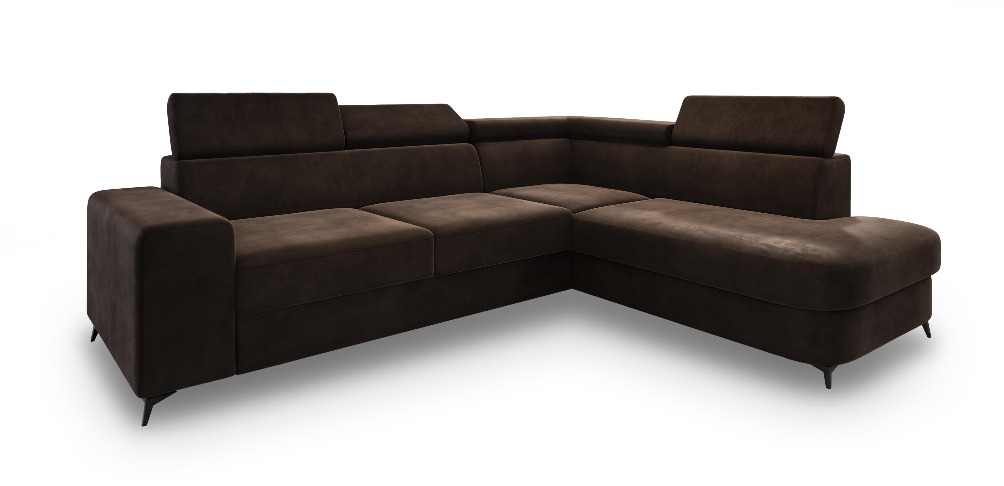 ECKSOFA ALVORO R-S Braun Velours-Stoff mit Schlaffunktion - Braun, Holz (253/190cm) - MASSENO