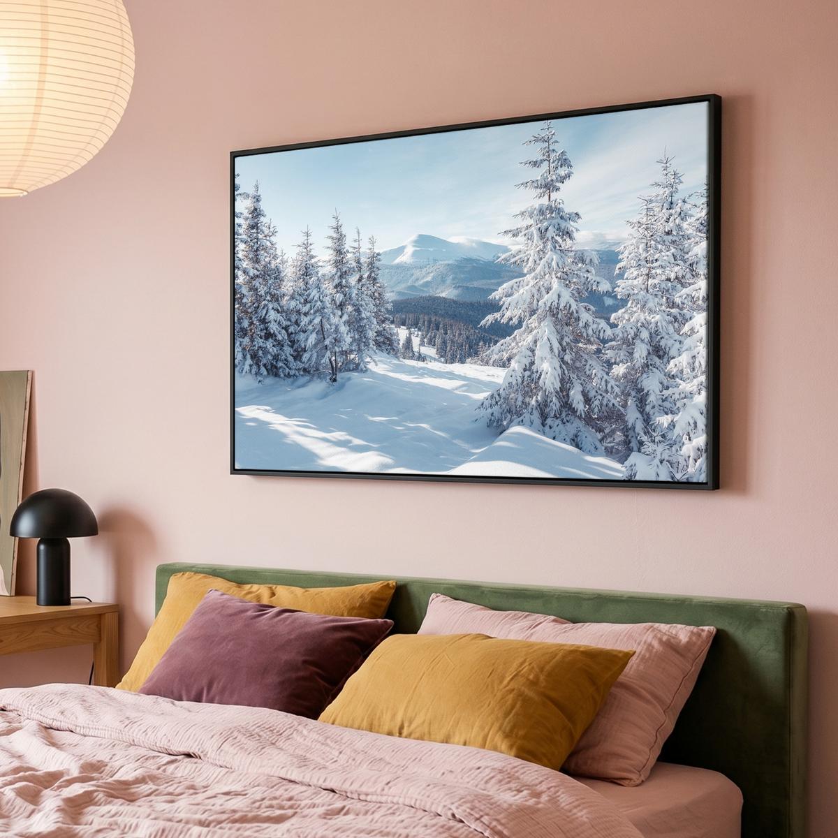 LEINWAND Bilder mit Rahmen - Winterlandschaft - Natur - Berge - Bäume - Schnee - 140x90 - Hellblau, Textil (140/90cm) - MuchoWow