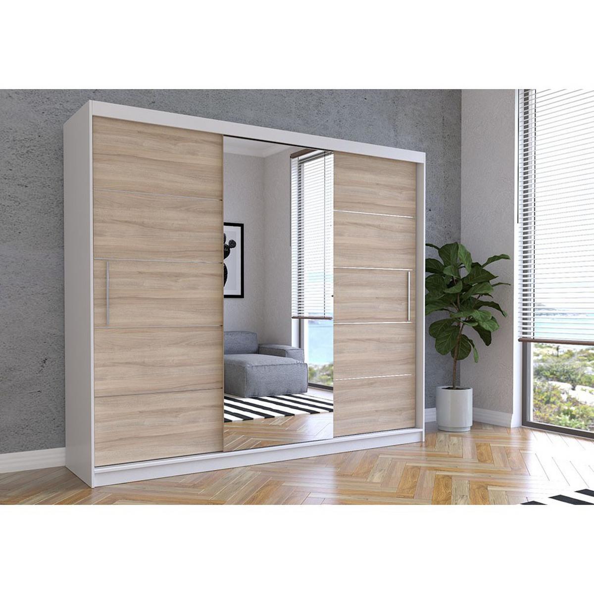 SCHWEBETÜRENSCHRANK Alba Weiß/Sonoma Eiche + Spiegel und LED-Beleuchtung 250 cm - Alufarben/Weiß, Glas/Holzwerkstoff (250/218/61cm) - imoebel24