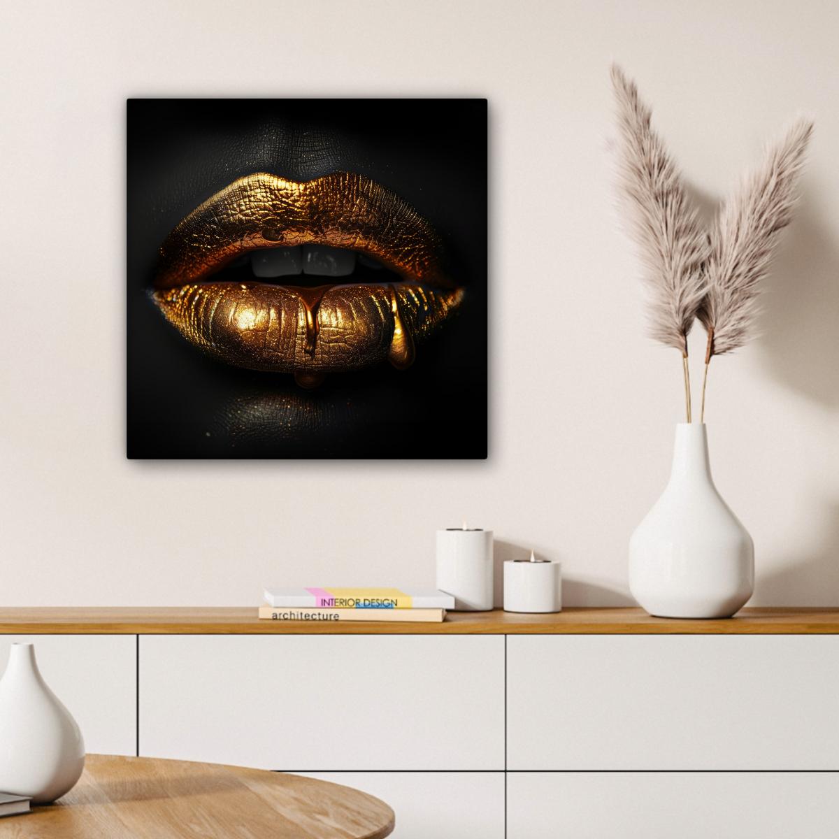 LEINWANDBILD Frau - Porträt - Lippen - Gold - Schwarz Wandbild Wohnzimmer 50x50 cm - Schwarz, Textil (50/50cm) - MuchoWow
