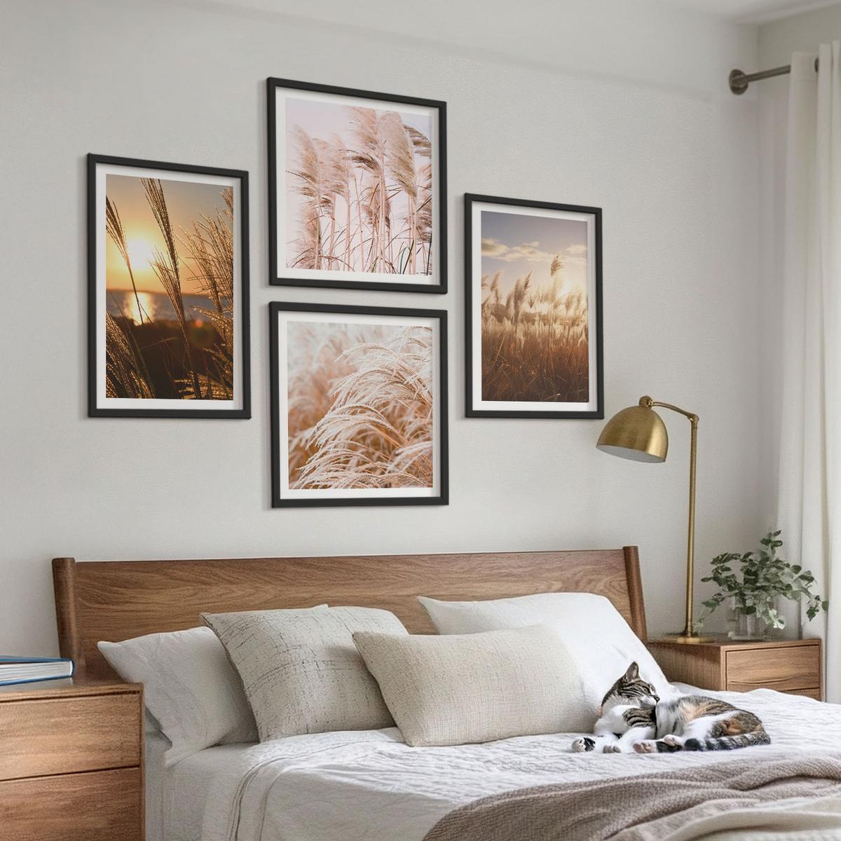BILDER SET 4er Set - 50x50 cm & 40x60 cm Schwarzer Rahmen - Boho-Grasfeld-Sonnenuntergang - Schwarz, Kunststoff (50/50cm) - TULUP