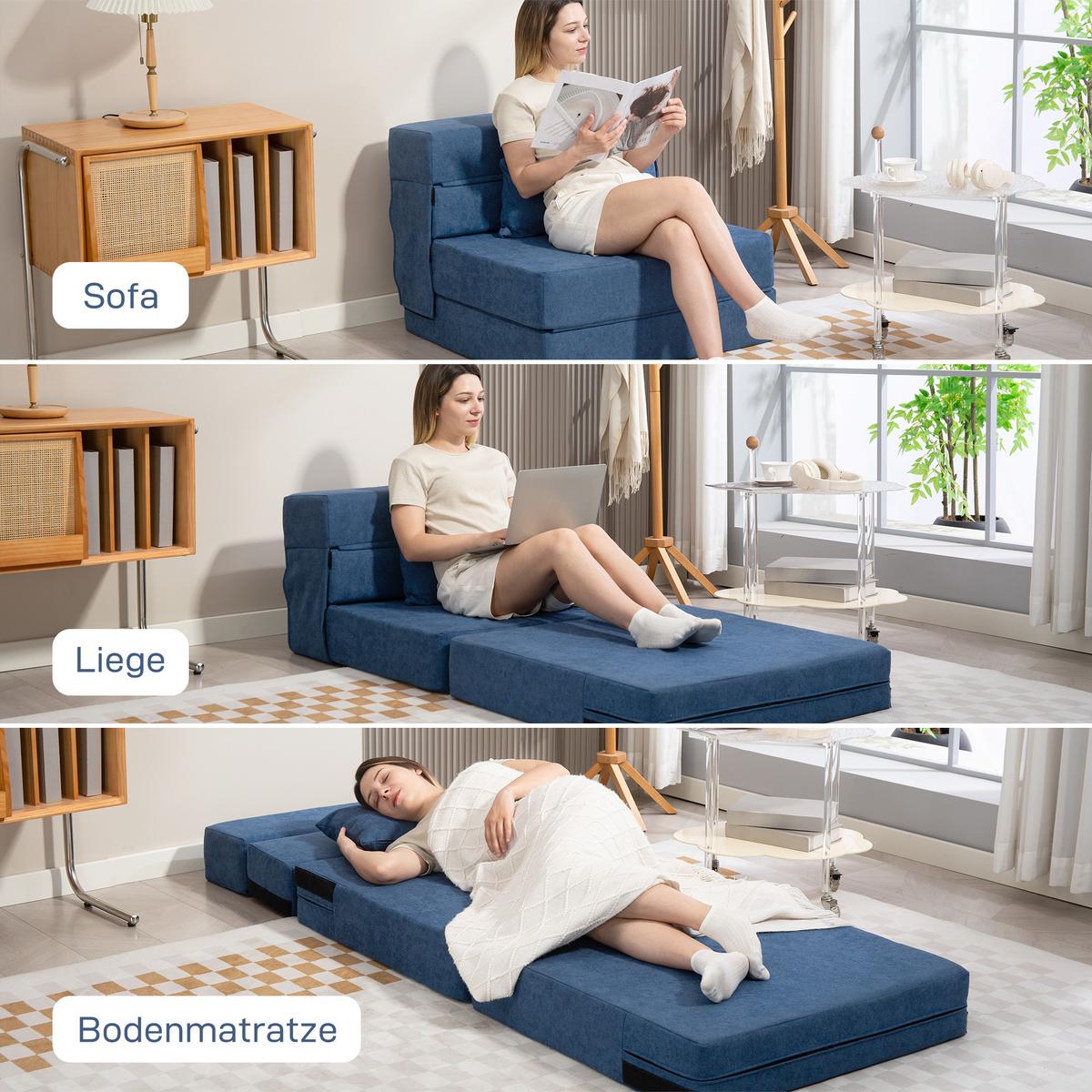 3 in 1 Schlafsessel, klappbares Schlafsofa mit Bettfunktion, Lendenkissen, Blau - Blau, Kunststoff (80/15/210cm) - HOMCOM