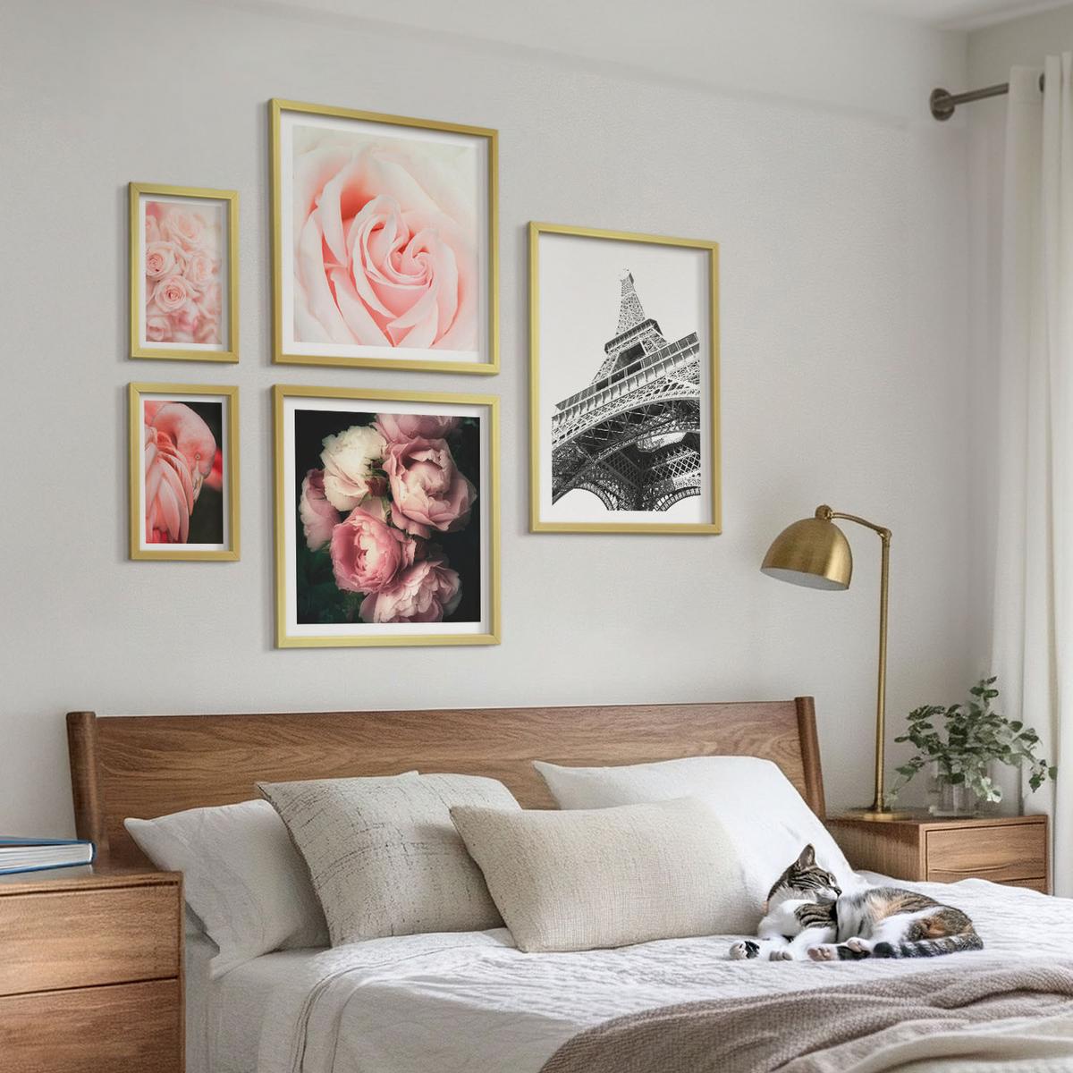 BILDER SET 5er Set - 50x50 cm & 20x30 cm & 40x60 cm Goldrahmen - Berge, Wasser, wunderschöne Landschaften - Goldfarben, Kunststoff (40/60cm) - TULUP