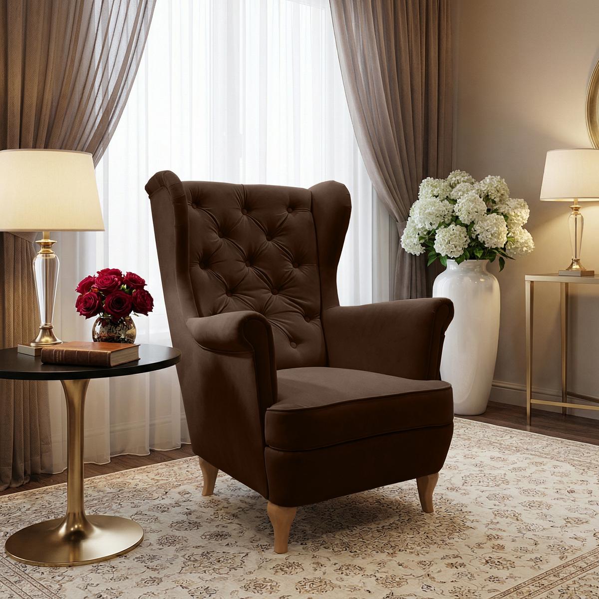 CHESTERFIELD-SESSEL Falco braun mit Holzbeinen - Buchefarben/Braun, Holz/Textil (82/102/92cm) - Beautysofa