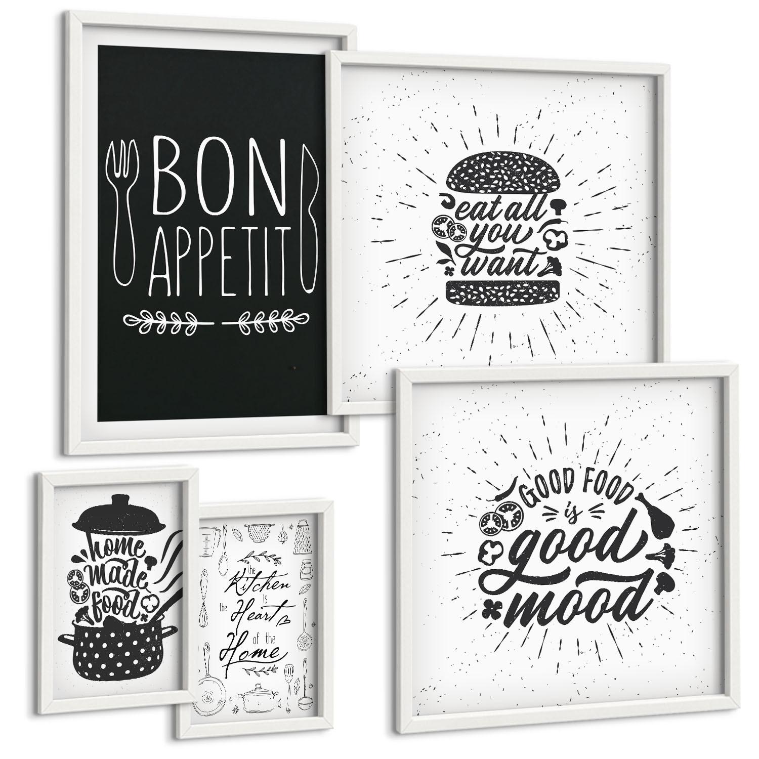BILDER SET 5er Set - 50x50 cm & 20x30 cm & 40x60 cm Weißer Rahmen - Grafiken, Lebensmittel, kulinarische Slogans - Weiß, Kunststoff (40/60cm) - TULUP