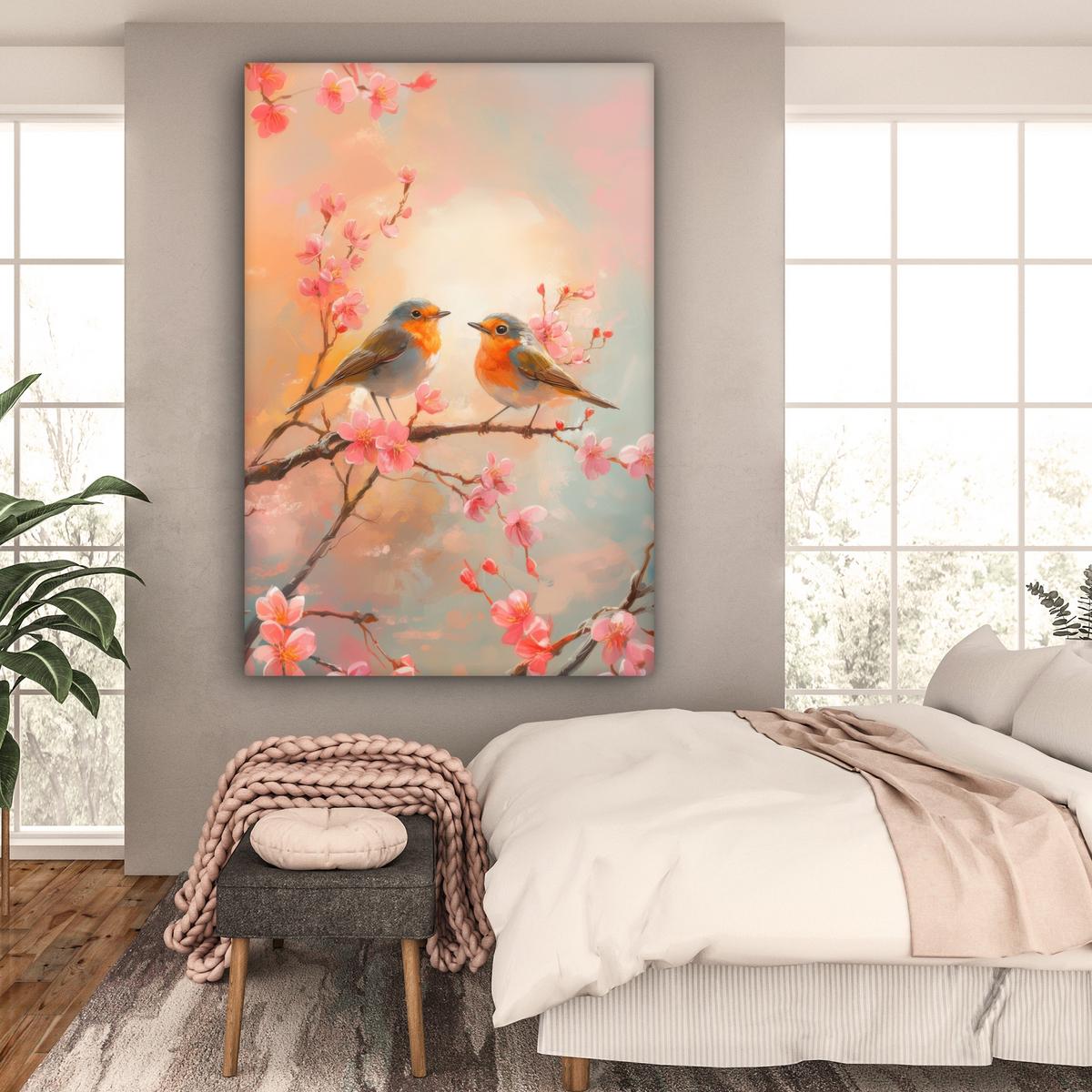 LEINWANDBILD Rotkehlchen - Zierpflanze - Blütenzweig Deko Groß 90x140 cm - Hellrosa, Textil (90/140cm) - MuchoWow