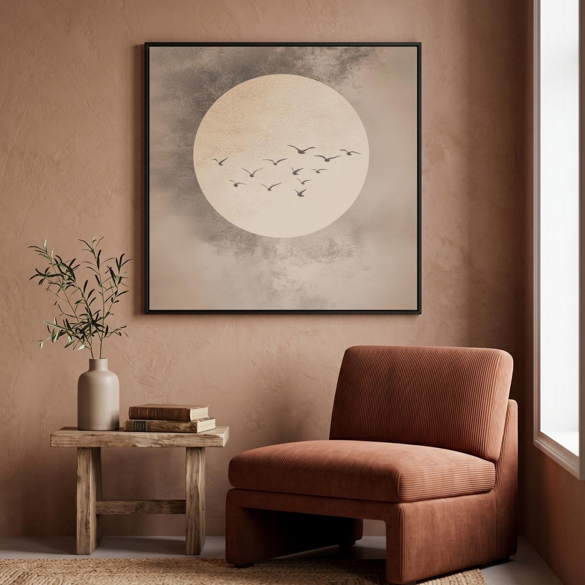 LEINWAND Bilder mit Rahmen - Vogel - Beige - Japanisch - 90x90 - Taupe, Textil (90/90cm) - MuchoWow