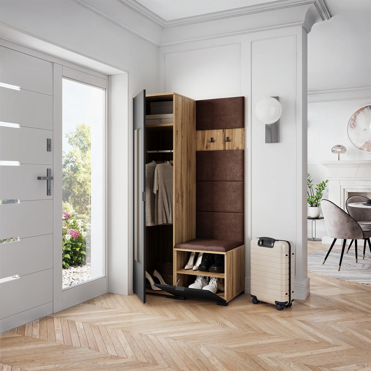 GARDEROBENSCHRANK VIRA 95/181/51 cm Modern Garderobe-Set Eiche Wotan - Eiche Wotan/Schwarz, Holzwerkstoff (95/181/51cm) - MASSENO