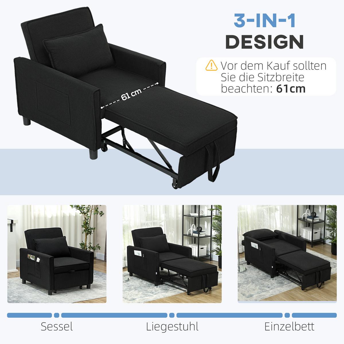 3-IN-1 Schlafsessel, Klappbett mit Bettfunktion, Lendenkissen für Wohnzimmer - Schwarz, Kunststoff (74/81/84cm) - HOMCOM